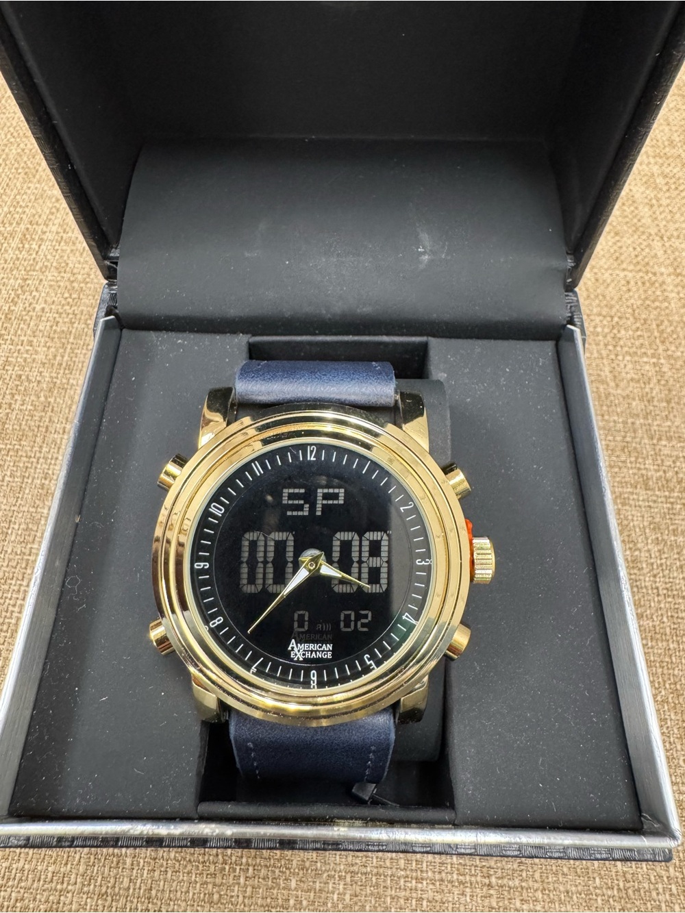American Exchange Men’s Quartz Analog-Digital Watch Blue Leather Strap Gold Box